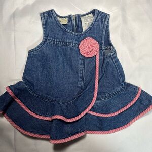 Vintage Faded Glory Baby Denim Dress 0-3M Red Trim Swirl Ruffle Zip Back